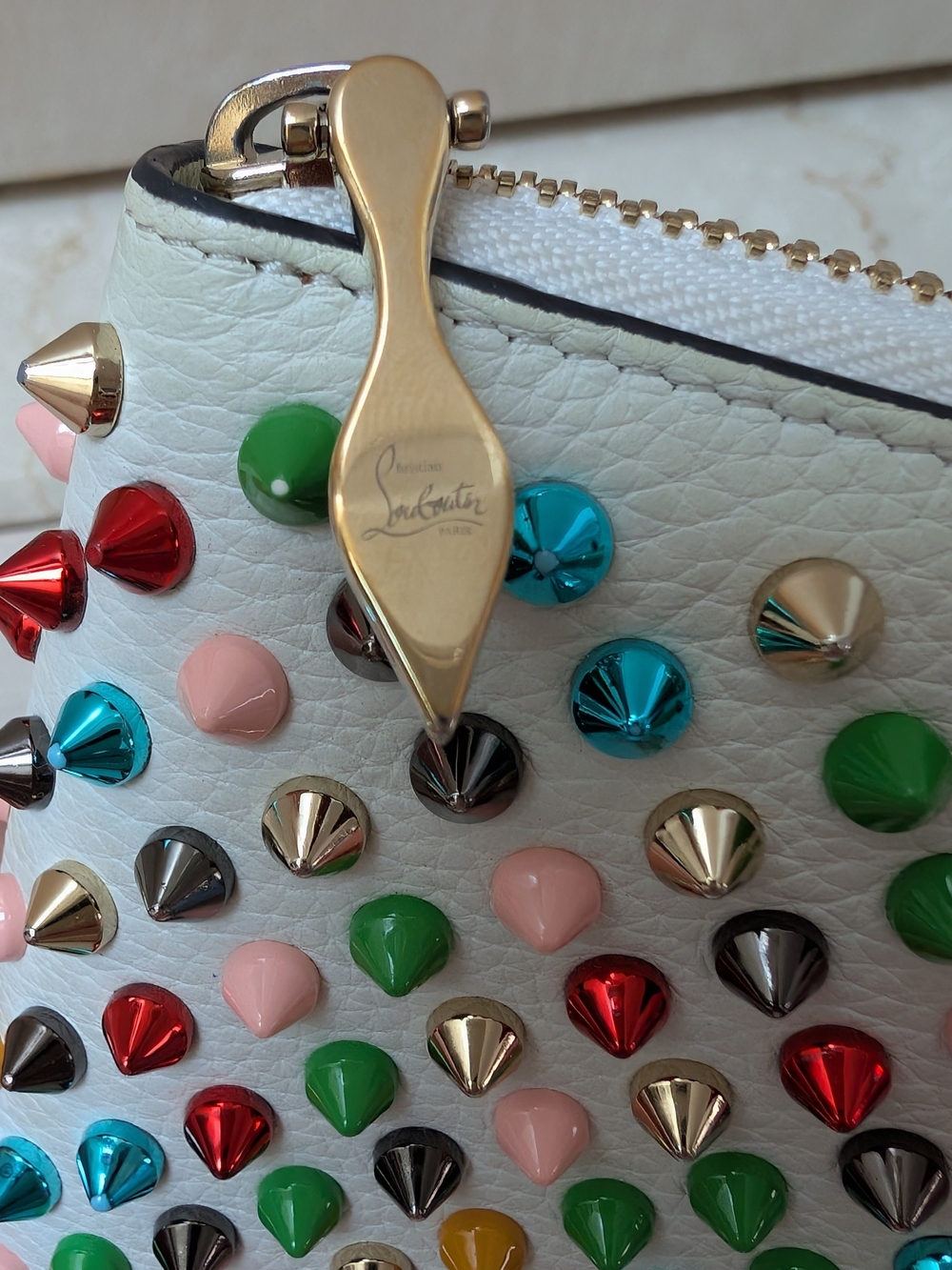 Christian Louboutin White Leather Panetone Multicolor Spikes Zip-Around Wallet - Picture 10 of 14